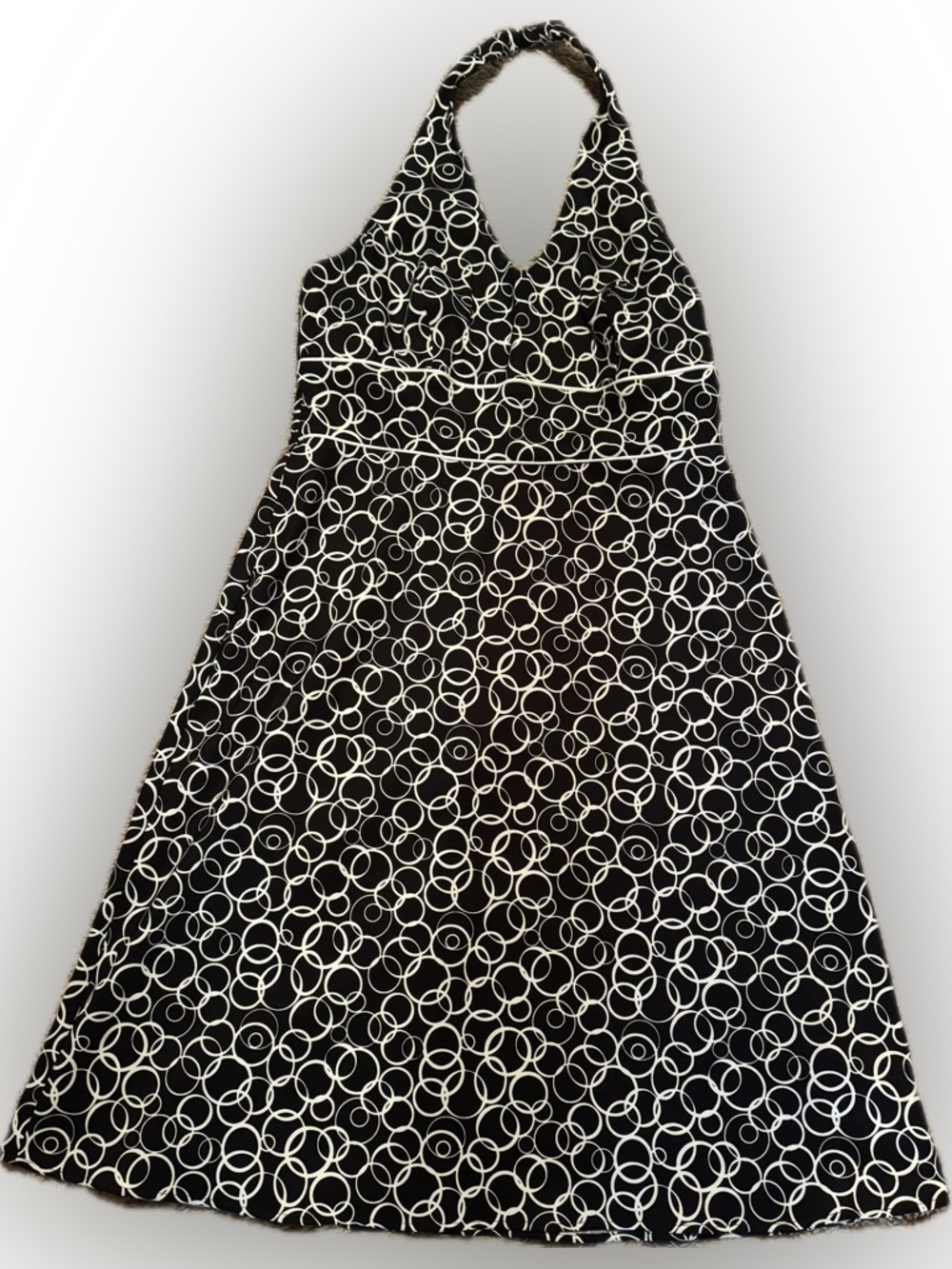 AB Studio Sz 14 Black Halter Midi Dress with White Circle Print